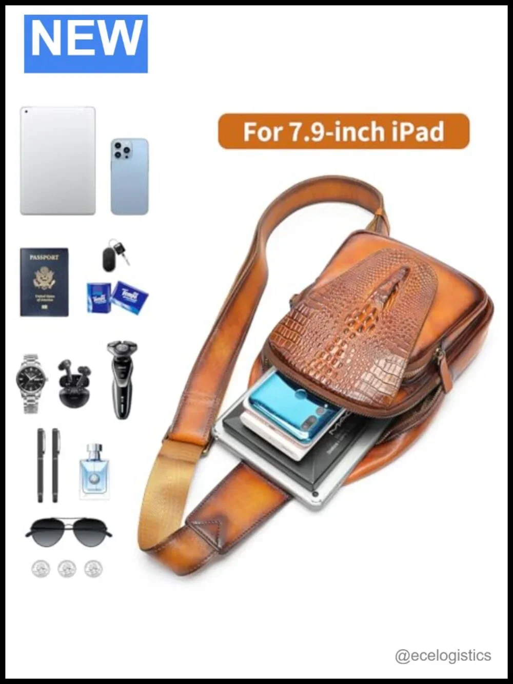 Genuine Leather Crocodile Flap Crossbody Sling Bag for Men Adjustable Strap